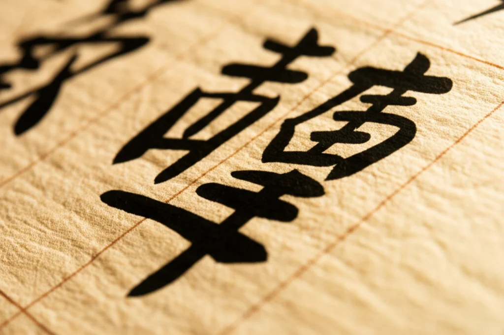 Immagine macro ad alta definizione di caratteri cinesi complessi scritti a mano su carta pergamena, con illuminazione laterale drammatica che ne evidenzia la texture. Obiettivo macro 100mm, alta precisione di messa a fuoco.