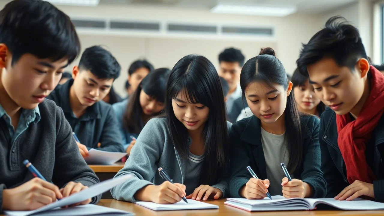 Foto di un gruppo eterogeneo di giovani adulti cinesi in un'aula universitaria luminosa, mentre compilano dei test su fogli di carta, concentrati. Stile documentaristico, obiettivo 35mm, luce naturale, profondità di campo media.