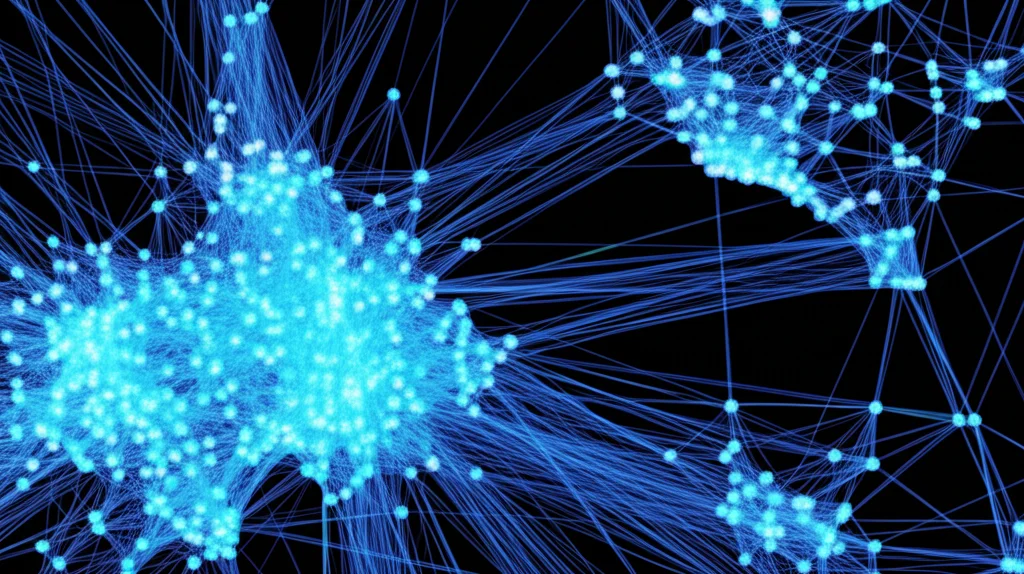 Obiettivo grandangolare, 20mm, visualizzazione fotorealistica di punti dati astratti che formano cluster, rappresentando soluzioni a un problema complesso come SAT o sottografo più denso, con linee luminose che indicano le connessioni trovate dal campionatore fotonico, messa a fuoco nitida.