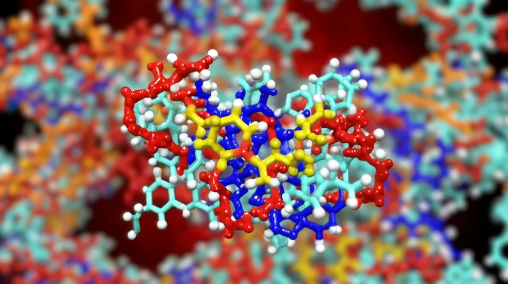 Visualizzazione 3D fotorealistica di una molecola di farmaco (CMNPD229) che si lega al sito attivo di una proteasi aspartica del Plasmodium. Macro lens, 80mm, alta definizione, illuminazione controllata per evidenziare le interazioni molecolari.