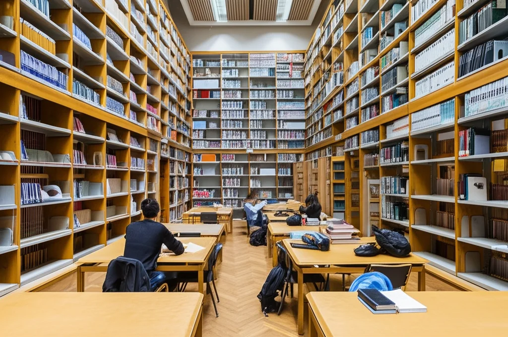 Ampia veduta interna di una moderna biblioteca universitaria con alti scaffali pieni di libri e luce naturale che filtra dalle finestre, alcuni studenti studiano ai tavoli. Obiettivo grandangolare 18mm, messa a fuoco nitida su tutta la scena, atmosfera tranquilla e accademica.