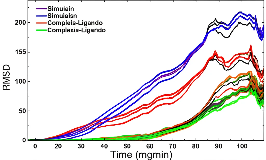 Grafico scientifico che mostra l'andamento dell'RMSD (Root Mean Square Deviation) nel tempo per diverse simulazioni di dinamica molecolare di complessi proteina-ligando. Linee colorate distinte su sfondo bianco, assi etichettati chiaramente.