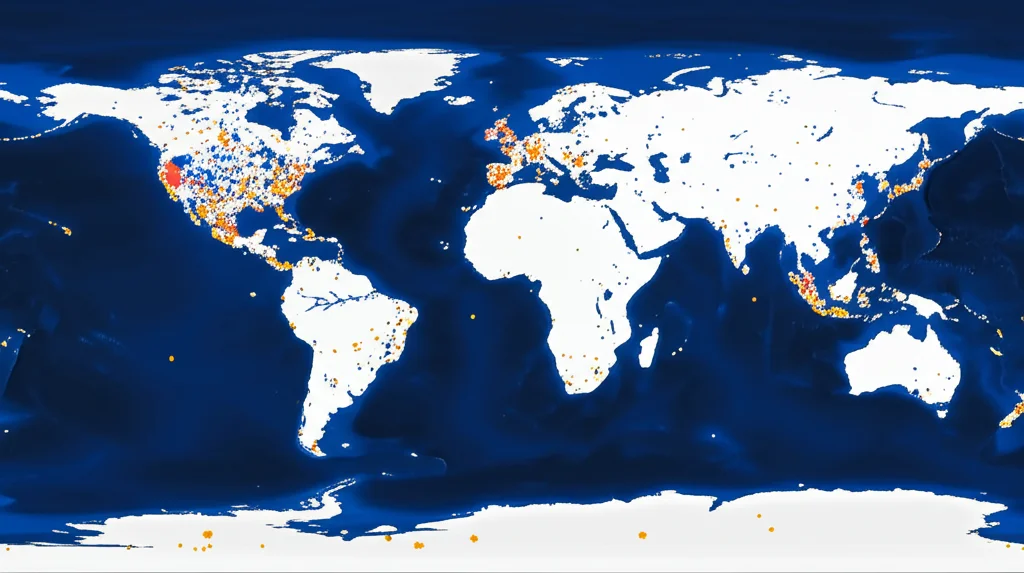 Wide-angle, 20mm, Una mappa stilizzata che mostra hotspot vulcanici in tutto il globo, sovrapposta a punti dati che rappresentano eruzioni di intensità variabile (colore/dimensione), alcune aree più dense di altre, focus nitido, forse una sottile sovrapposizione che suggerisce un aumento della completezza dei dati verso il presente.