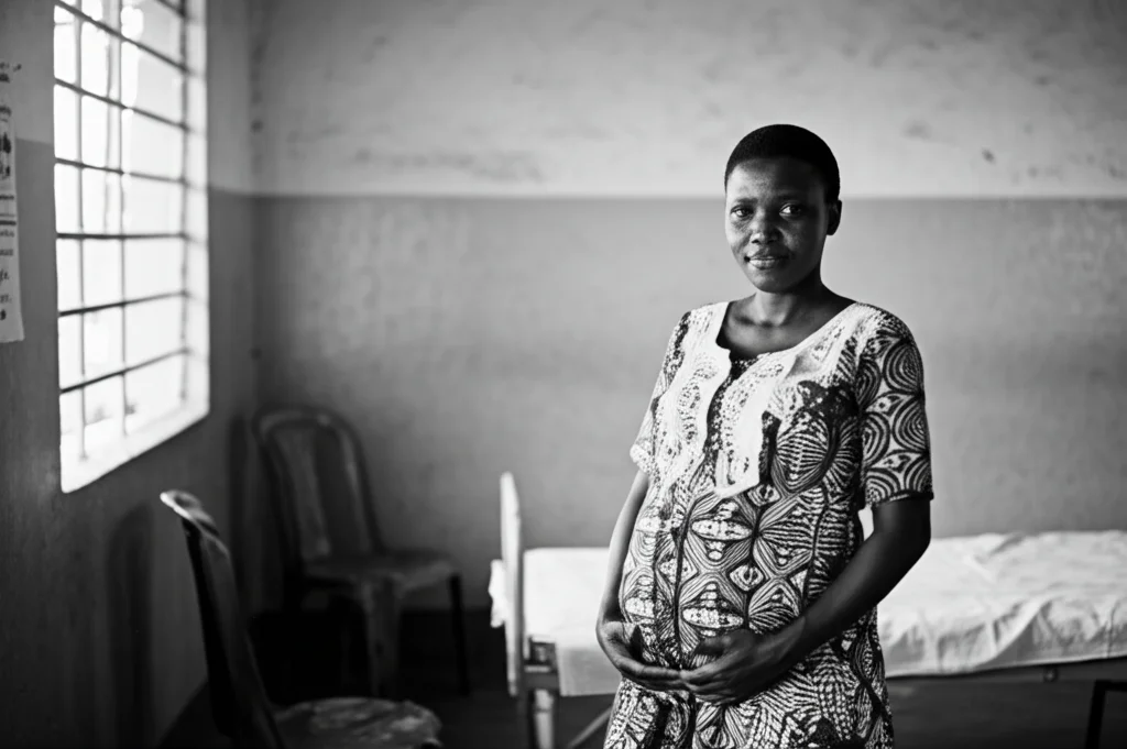 Ritratto fotografico di una donna incinta tanzaniana in una clinica, luce naturale soffusa che entra da una finestra, obiettivo 35mm, profondità di campo che sfoca leggermente lo sfondo della stanza medica, espressione pensierosa ma serena, bianco e nero.