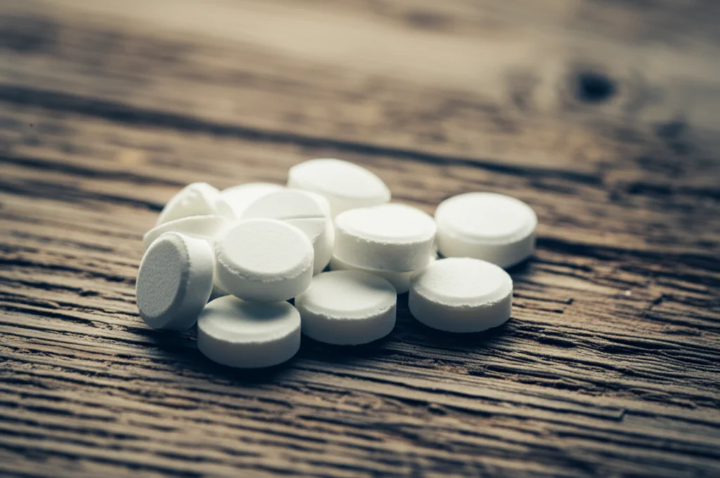 Fotografia macro di compresse di integratori di calcio sparse su un tavolo di legno rustico, obiettivo macro 100mm, alta definizione dei dettagli delle compresse, illuminazione controllata laterale che crea ombre morbide.