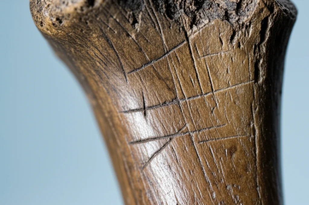Primo piano macrofotografico di un osso umano preistorico (femore) con segni lineari incisi, illuminazione da laboratorio controllata, alta definizione, obiettivo macro 100mm, che evidenzia le micro-striature indicative di un impatto da proiettile.