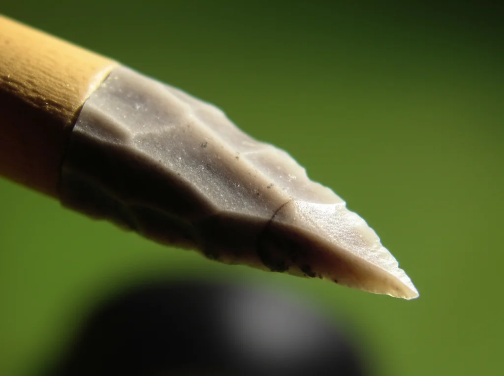 Ricostruzione fotorealistica di una punta di proiettile composita in selce del Paleolitico Superiore, simile a quelle usate nel tardo Epigravettiano, conficcata parzialmente in un pezzo di legno o osso, messa a fuoco precisa, dettaglio elevato, obiettivo macro 60mm.