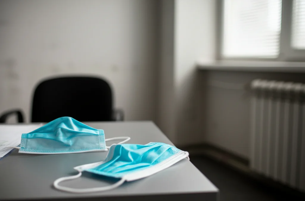 Immagine fotorealistica di un grafico a linee che mostra un andamento stabile o in leggero calo, sovrapposto a un'immagine sfocata di un ufficio vuoto con mascherine chirurgiche abbandonate su una scrivania. Obiettivo 50mm, luce naturale da finestra, colori leggermente desaturati per un'atmosfera riflessiva.