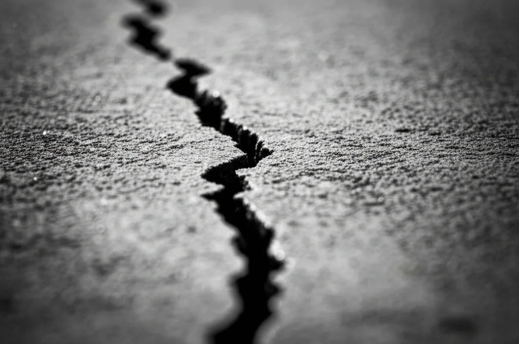 Immagine fotorealistica macro di una crepa che si allarga lentamente su una superficie di cemento grigio, simboleggiando l'aumento graduale dello stress e dei disturbi dell'adattamento. Obiettivo macro 90mm, alta definizione, luce laterale dura per enfatizzare la texture e la crepa.