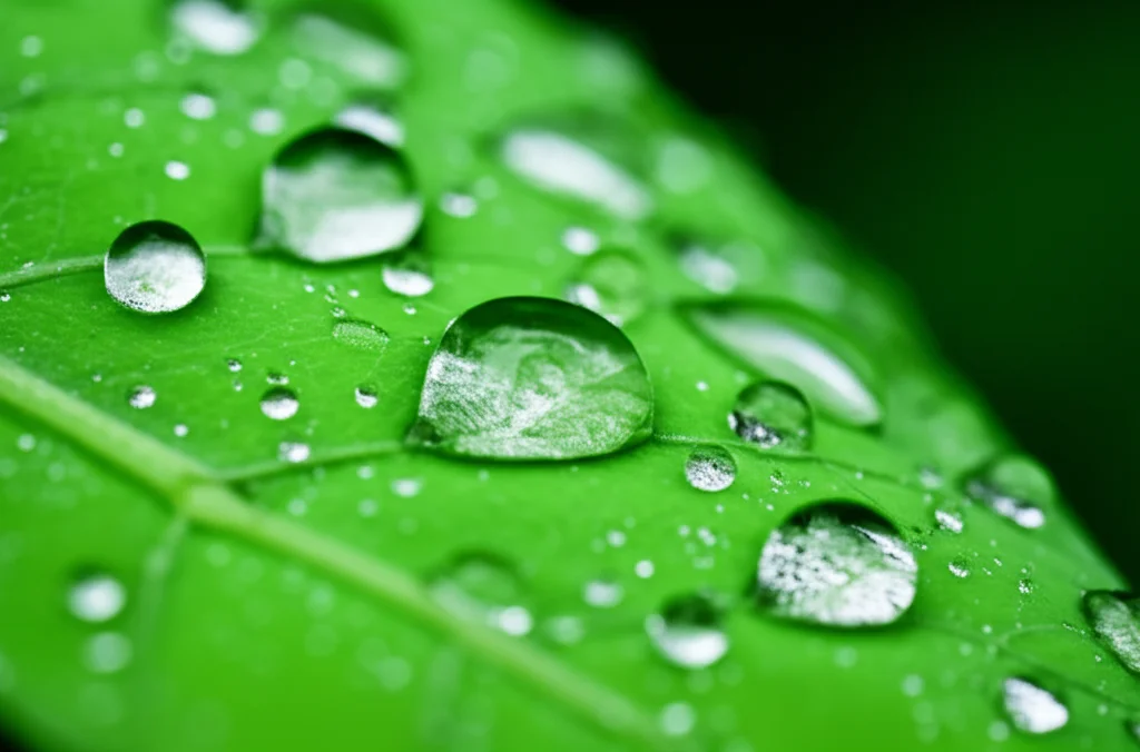 Primo piano macro di gocce d'acqua limpida che scivolano su una foglia verde brillante, simbolo della purezza della natura. L'illuminazione è controllata per evidenziare la trasparenza dell'acqua, suggerendo la necessità di proteggerla da contaminanti invisibili come il BPA. Obiettivo macro 100mm, alta definizione, messa a fuoco precisa sulle gocce.