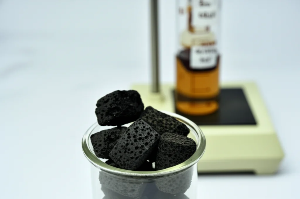 Fotografia still life di laboratorio che mostra pezzi neri e porosi di biochar di cocco re attivato chimicamente (KBC800-HCl) in un contenitore di vetro. Accanto, una colonna di vetro per adsorbimento a letto fisso è visibile sullo sfondo sfocato, suggerendo il processo sperimentale. Illuminazione controllata e precisa, obiettivo macro 60mm, alta definizione dei dettagli del biochar.