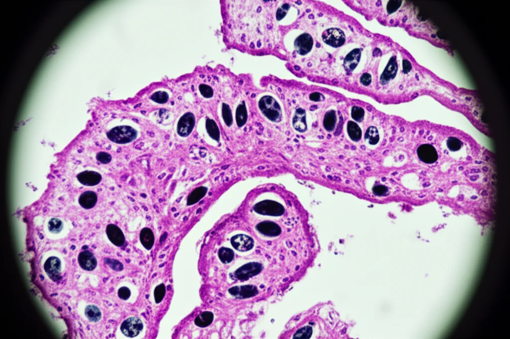 Vista al microscopio di tessuto granulomatoso con macrofagi attivati, evidenziando la struttura cellulare densa. Macro lens, 100mm, high detail, precise focusing, controlled lighting.
