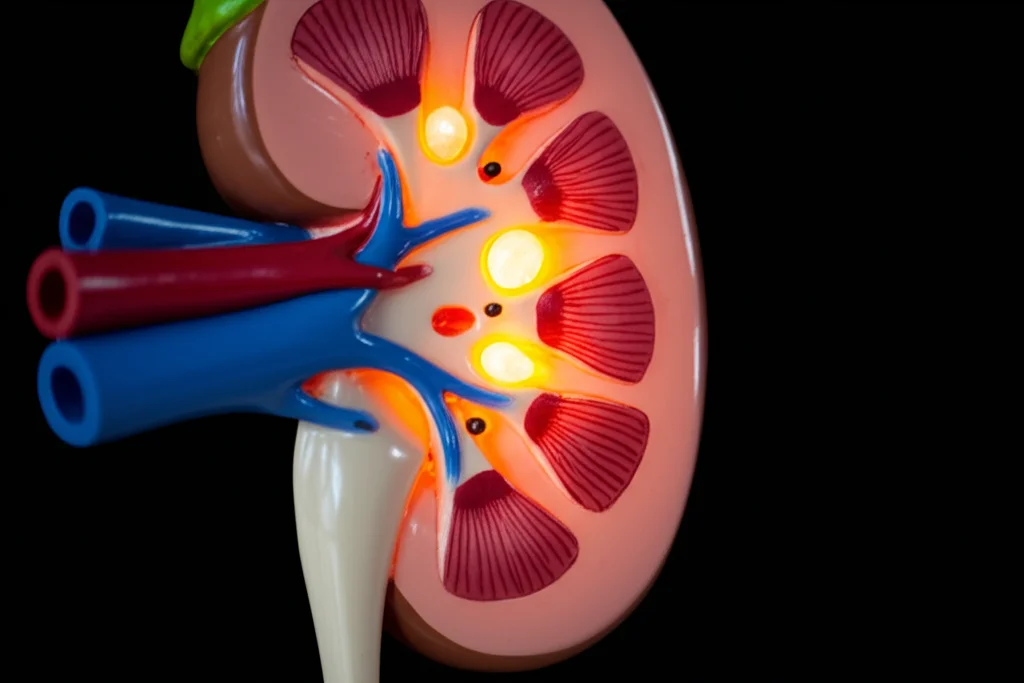 Immagine fotorealistica di calcoli renali visibili all'interno di un modello anatomico di rene, illuminati per evidenziare la loro struttura. Macro lens, 80mm, high detail, controlled lighting.