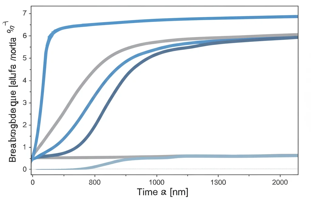 Visualizzazione astratta di un grafico scientifico con curve di breakthrough a forma di S per l'adsorbimento di BPA. Le curve mostrano l'effetto di diversi parametri come portata e altezza del letto. Colori duotone blu e grigio, profondità di campo che sfoca leggermente lo sfondo per enfatizzare i dati. Stile grafico pulito e moderno.