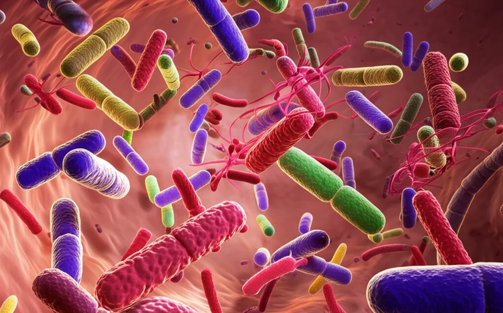 Visualizzazione artistica del microbioma intestinale, macro lens, 90mm, high detail, precise focusing, controlled lighting, che mostra una vasta diversità di forme e colori batterici all'interno di un ambiente simile all'intestino.