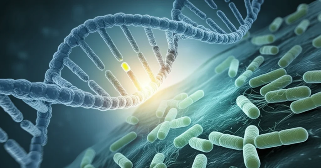 Illustrazione concettuale fotorealistica di un filamento di DNA con il gene dell'amilasi evidenziato, collegato visivamente a batteri intestinali diversi (Firmicutes e Bacteroidetes), prime lens, 35mm, depth of field, duotone blu e verde, a simboleggiare l'influenza genetica sul microbioma.
