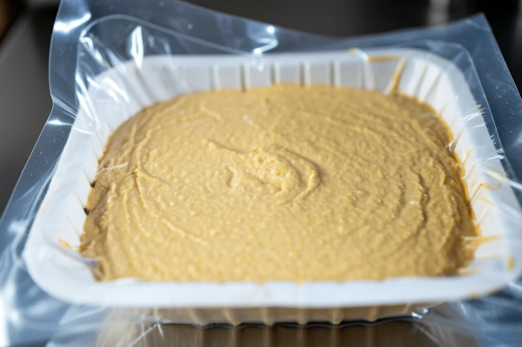 Primo piano di una confezione di hummus fresco sigillata sottovuoto, pronta per essere inserita in un macchinario per il trattamento ad alta pressione idrostatica (HHP). Luce controllata da studio, obiettivo macro 90mm, alta definizione dei dettagli della crema di ceci visibile attraverso la plastica trasparente e della confezione laminata.