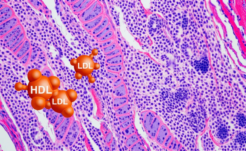 Micrografia stilizzata di tessuto epatico con aree di fibrosi evidenziate, accanto a una rappresentazione grafica di molecole di colesterolo HDL e LDL, macro lens, 100mm, high detail, controlled lighting, per illustrare il collegamento tra microbioma e salute metabolica (fegato, colesterolo).