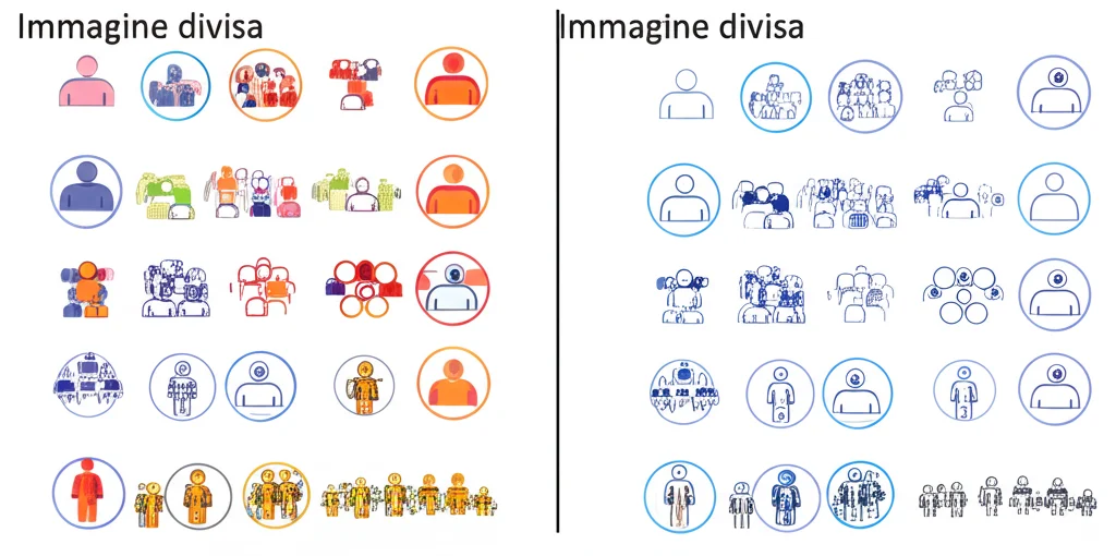 Immagine divisa: lato sinistro mostra icone di pazienti diverse e non appaiate; lato destro mostra icone di pazienti appaiate rappresentanti il propensity score matching nella ricerca clinica, illustrazione concettuale, messa a fuoco nitida, obiettivo 50mm.