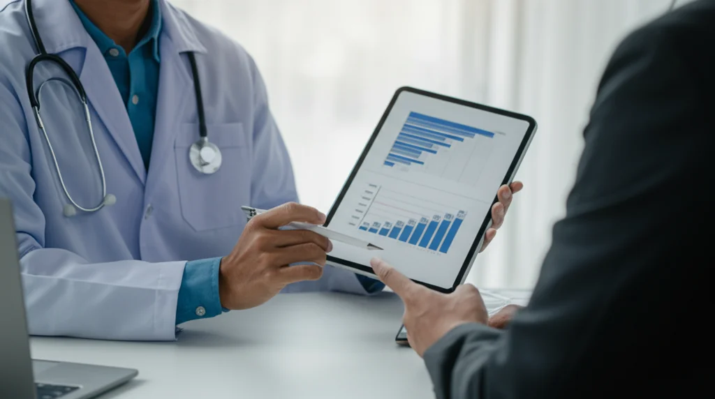 Medico discute opzioni di trattamento con un paziente oncologico, mostrando grafici di sopravvivenza comparativi su un tablet, enfatizzando la medicina personalizzata basata su fattori prognostici come LVI, ritratto 35mm, profondità di campo, luce naturale da finestra.