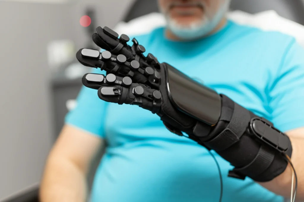 Primo piano di un paziente post-ictus che utilizza un guanto robotico per la riabilitazione della mano in un ambiente di realtà virtuale, concentrandosi sui dettagli della tecnologia e sull'interazione del paziente. Macro lens, 85mm, high detail, controlled lighting.