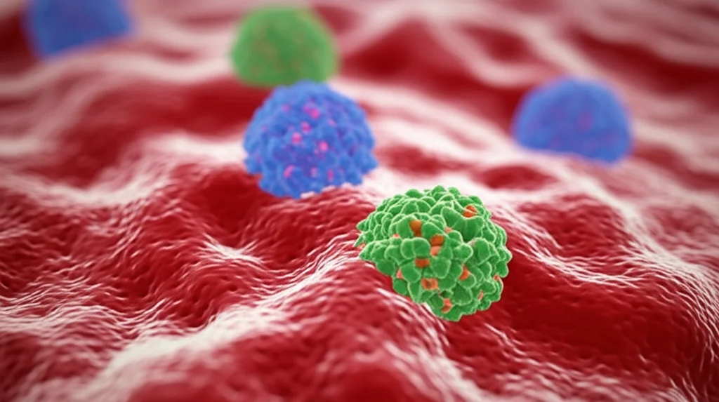 Visualizzazione 3D fotorealistica delle proteine CD74 e CD104 sulla superficie di una cellula del colon-retto, con colori distinti per evidenziare i biomarcatori, sfondo sfocato di tessuto biologico, obiettivo 60mm macro.