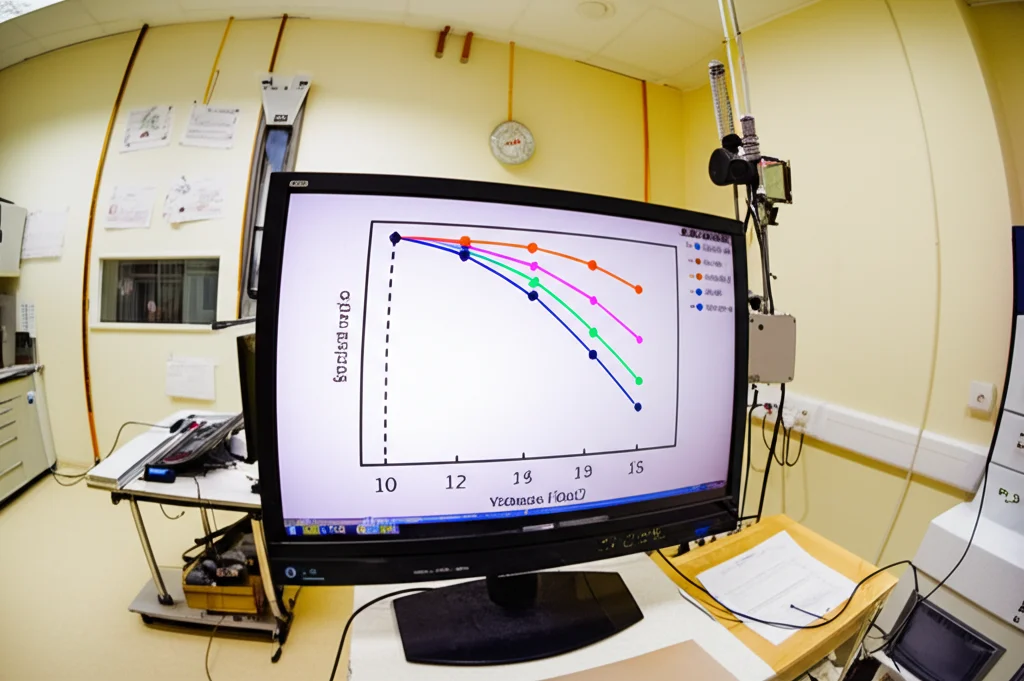 Grafico stilizzato che mostra tre diverse traiettorie di recupero motorio post-ictus nel tempo (veloce, medio, lento), visualizzato su uno schermo digitale in un laboratorio di ricerca. Wide-angle lens, 24mm, sharp focus.