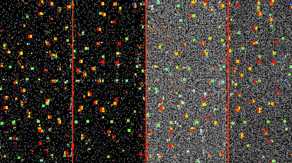 Rappresentazione astratta di apprendimento contrastivo: due punti dati simili (tuple) vengono avvicinati in uno spazio digitale, mentre un punto dati dissimile viene allontanato. Illuminazione controllata, alto dettaglio, obiettivo macro 60mm.