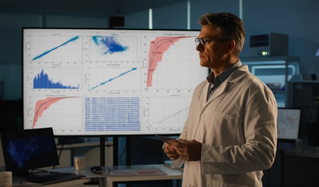 Scienziato osserva una visualizzazione dati complessa di curve ROC e modelli predittivi su un grande schermo in un laboratorio moderno, rappresentante la modellistica prognostica nella ricerca sul cancro, grandangolo 24mm, sharp focus, illuminazione controllata.