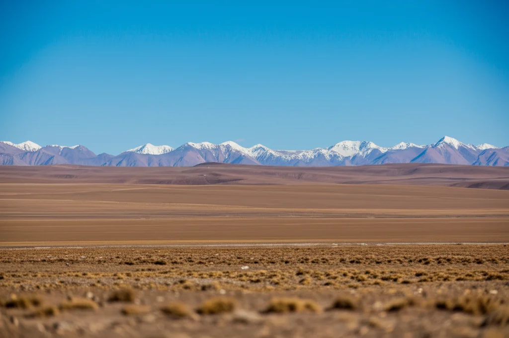 Paesaggio vasto e arido di un altopiano cinese, montagne innevate in lontananza sotto un cielo terso. Obiettivo grandangolare 15mm, messa a fuoco nitida, luce intensa del giorno, sensazione di isolamento e vastità.