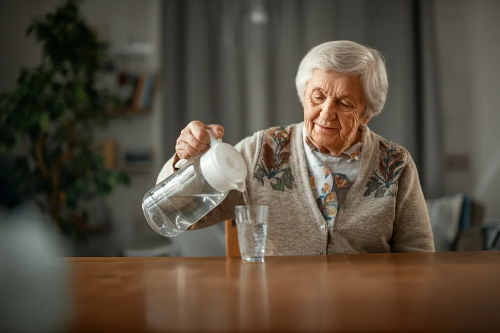 Una persona anziana sorridente che svolge un'attività quotidiana semplice come versare acqua da una brocca, simboleggiando il miglioramento della qualità della vita e dell'indipendenza post-riabilitazione. Prime lens, 35mm, depth of field, warm natural lighting.