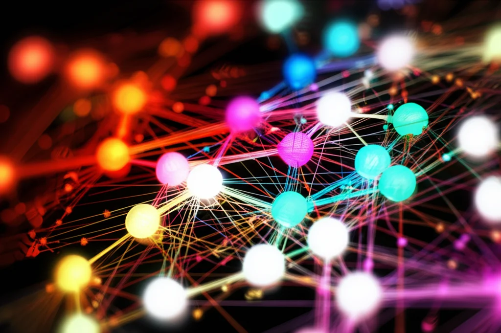 Visualizzazione di un grafo complesso con nodi (tuple) raggruppati in comunità distinte e illuminate, che rappresentano insiemi di dati integrabili. Messa a fuoco nitida, obiettivo grandangolare 15mm.