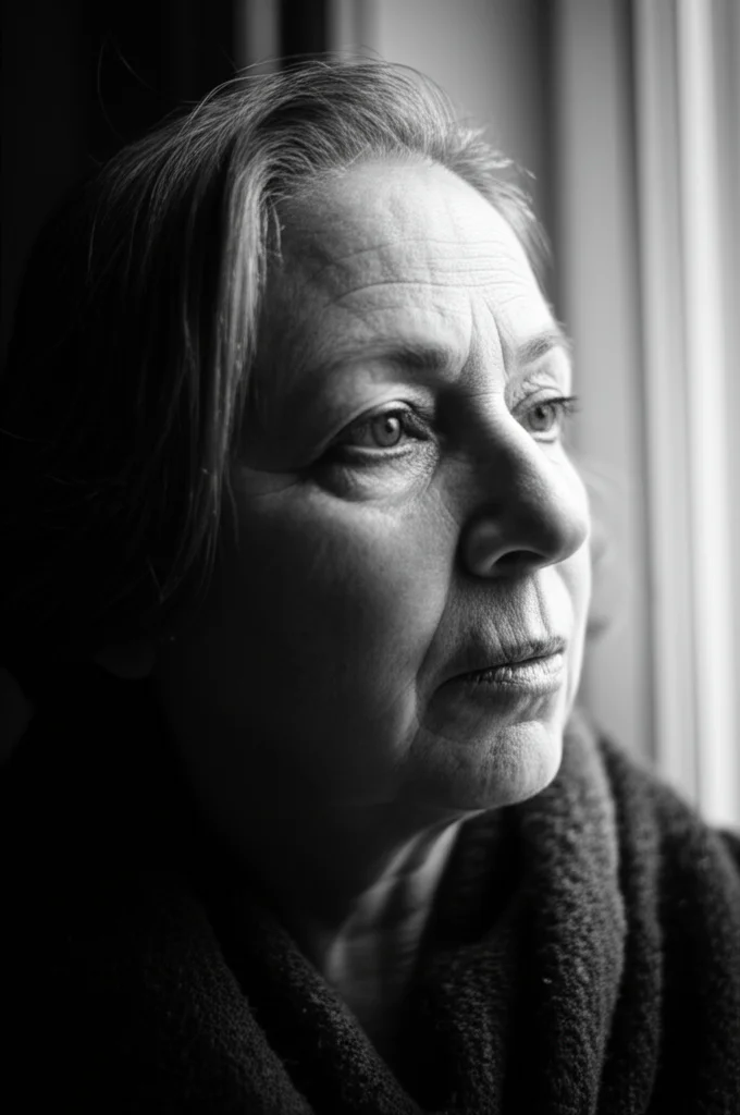 Fotografia di ritratto, una persona di mezza età che sembra ponderata, fusione di finestre ombre morbide, lenti da 35 mm, profondità di campo, film in bianco e nero, trasmettendo introspezione e resilienza durante la malattia.