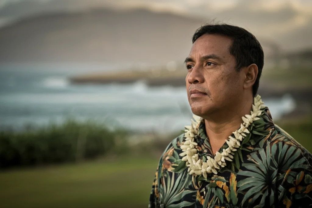 Ritratto fotografico di un uomo Nativo Hawaiano di mezza età, pensieroso, ambientazione esterna naturale delle Hawaii, luce morbida del tardo pomeriggio, obiettivo 35mm, profondità di campo ridotta, toni caldi e verdi duotone.