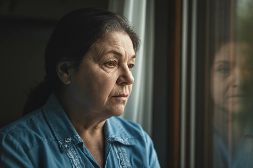 Fotografia di ritratto, una donna stanca ma premurosa alla fine degli anni '50 che guarda fuori da una finestra, luce naturale morbida, lente primaria, 50 mm, profondità di campo, colori tenui, trasmettendo il peso emotivo e la dedizione della cura.