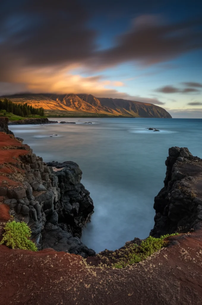 Paesaggio vasto delle montagne vulcaniche delle Hawaii che incontrano l'oceano, fotografia grandangolare 15mm, lunga esposizione per nuvole morbide e acqua liscia, messa a fuoco nitida su tutta la scena, luce drammatica dell'alba.