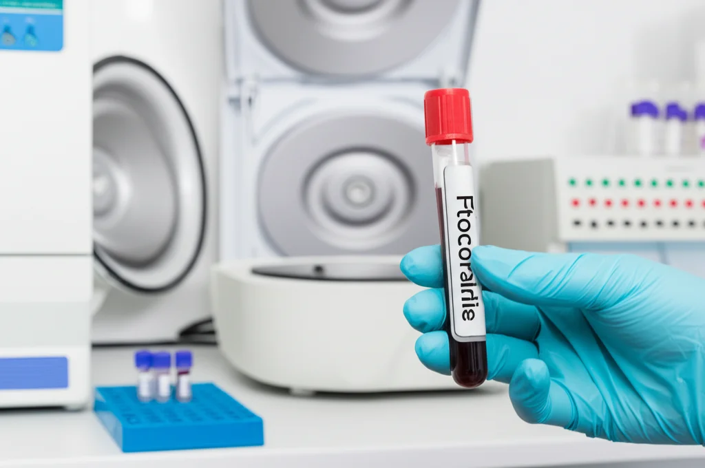 Fotografia di un laboratorio di analisi mediche moderno e pulito. In primo piano, una provetta di sangue etichettata viene maneggiata da un tecnico con guanti. Sullo sfondo, attrezzature come centrifughe e analizzatori. Obiettivo macro 100mm, alta definizione, illuminazione controllata e precisa.