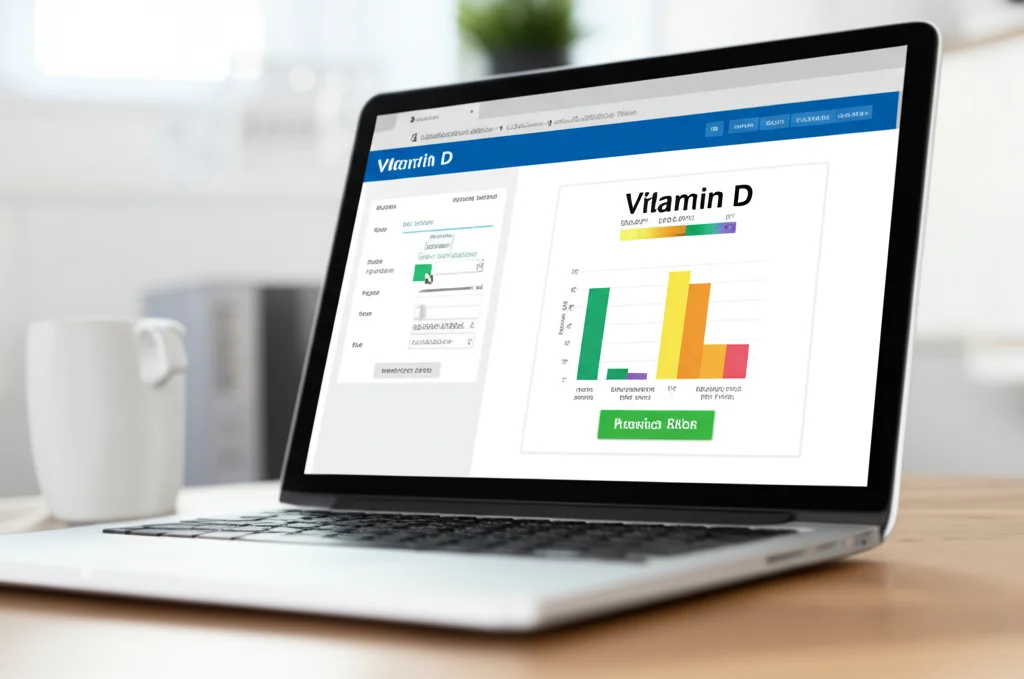 Schermata di un'applicazione web su un laptop che mostra un nomogramma interattivo per la vitamina D. L'interfaccia è pulita, con cursori e menu a tendina per inserire i dati (sesso, regione, dieta, attività). Un grafico a barre colorato mostra il punteggio di rischio risultante. Obiettivo prime 35mm, profondità di campo che sfoca leggermente lo sfondo, illuminazione ambientale da ufficio.