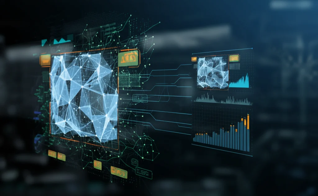 Visualizzazione astratta di due set di dati digitali su uno schermo olografico: uno ampio e luminoso (dati sani), l'altro piccolo e più scuro (dati danneggiati). Linee di connessione indicano come l'IA stia usando i dati sani per generare nuovi punti dati nel set danneggiato. Illuminazione controllata, dettagli elevati, stile high-tech.