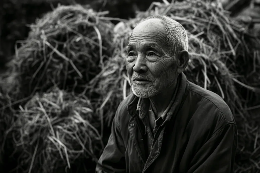Ritratto 35mm di un anziano contadino cinese accanto a un mucchio di biomassa agricola, espressione pensierosa, bianco e nero, profondità di campo ridotta.