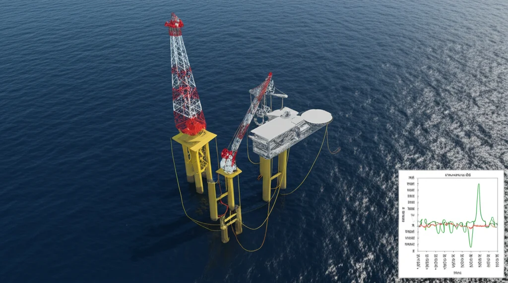 Simulazione 3D realistica di una piattaforma FOWT semisommergibile modello OC4-DeepCWind in mare mosso. Focus sulle linee di ormeggio tese. Sovrapposizione di grafici che mostrano i dati di movimento (surge, heave, pitch). Dettagli tecnici elevati, illuminazione realistica dell'oceano.