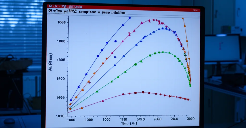 Grafico pcVPC complesso e poco intuitivo visualizzato su uno schermo di computer in un laboratorio di ricerca. Obiettivo macro 85mm, illuminazione controllata da studio, alta definizione per mostrare la complessità dei punti dati e delle linee di tendenza ondulate sull'asse Y, simboleggiando la difficoltà interpretativa.