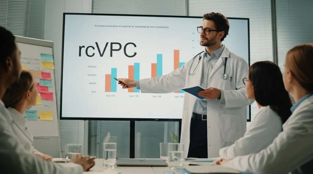 Ricercatore che indica con soddisfazione un grafico rcVPC chiaro su un grande schermo durante una presentazione a un team interfunzionale (medici, statistici). Obiettivo zoom 35mm, luce da ufficio brillante, espressioni attente e positive dei partecipanti, simboleggiando una comunicazione efficace dei risultati del modello.