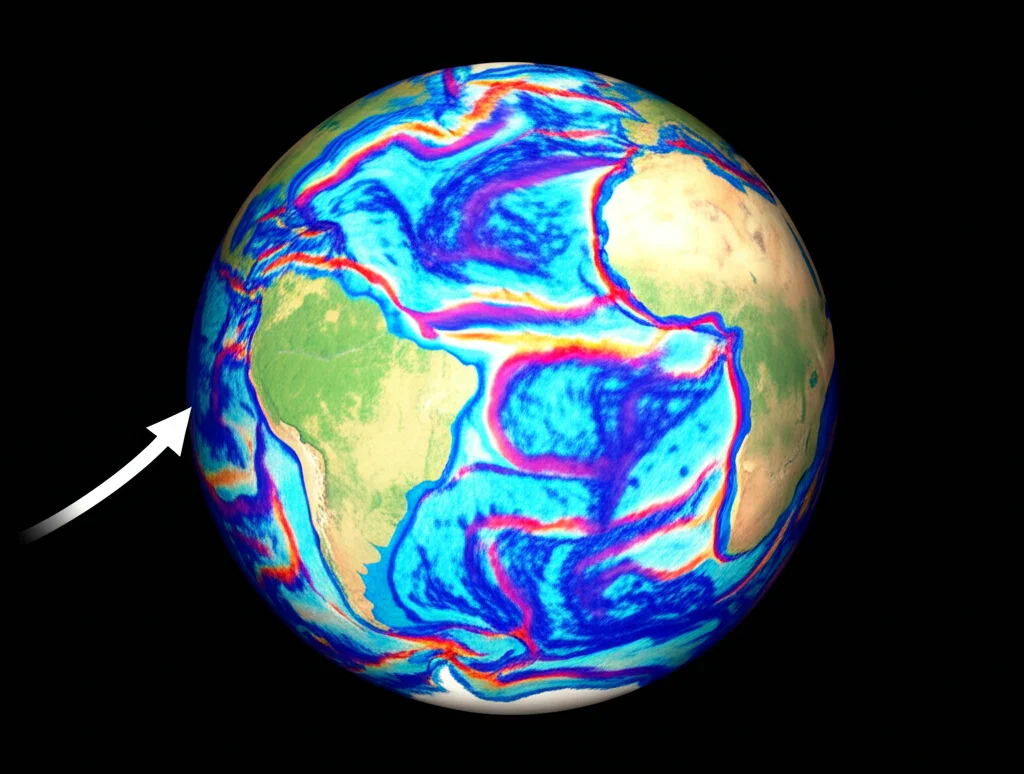 Visualizzazione 3D del pianeta Terra che mostra le correnti oceaniche fredde nel Pacifico orientale tropicale, con una freccia stilizzata che indica un'influenza dall'Antartide. Obiettivo grandangolare 15mm, messa a fuoco nitida, colori vividi ma realistici.