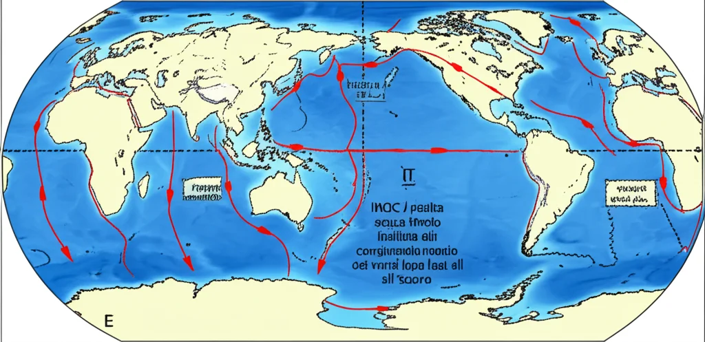 Diagramma scientifico stilizzato che illustra la circolazione oceanica (MOC) nel Pacifico meridionale, mostrando la risalita di acque fredde nelle medie latitudini indotta dai cambiamenti dei venti legati all'ozono. Obiettivo macro 100mm, alta definizione, illuminazione controllata.