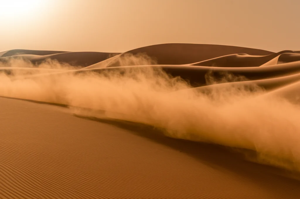 Immagine teleobiettivo zoom, 200mm, catturata con alta velocità dell'otturatore, che mostra pennacchi di polvere Sahariana sollevati dal vento nel deserto, con il sole che filtra debolmente attraverso la foschia densa, tracciamento del movimento della polvere, colori caldi e terrosi.