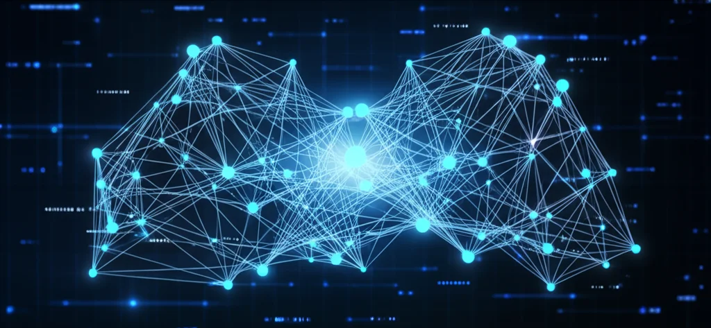 Diagramma astratto e luminoso che visualizza connessioni complesse tra dati e requisiti di progetto in un framework CPM/PDD, stile infografica high-tech, focus nitido, illuminazione controllata, dettagli elevati.
