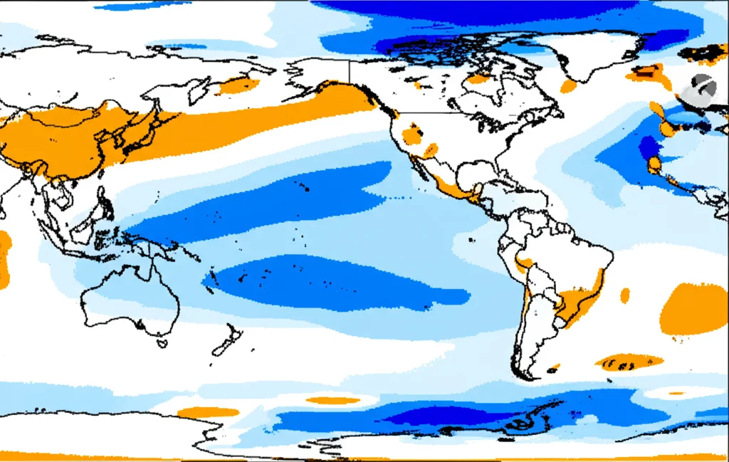 Grafico stilizzato che mostra la tendenza passata del buco dell'ozono (in diminuzione) e la tendenza futura (in recupero), sovrapposto a una mappa del Pacifico tropicale che passa da colori freddi (La Niña-like) a colori caldi (El Niño-like). Obiettivo prime 35mm, duotone blu e arancione per rappresentare freddo e caldo.