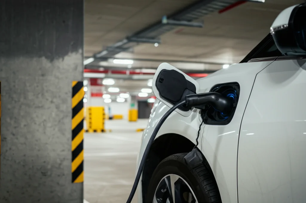 Primo piano di una moderna auto elettrica bianca collegata a una colonnina di ricarica in un parcheggio sotterraneo ben illuminato. Obiettivo prime 50mm, profondità di campo media, messa a fuoco precisa sull'auto e sul connettore.