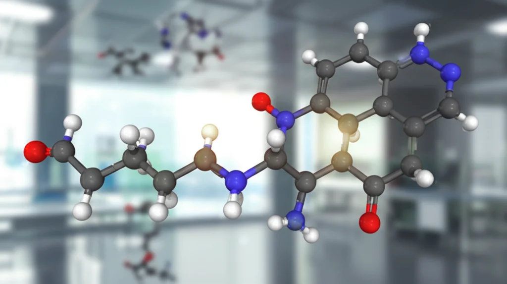 Visualizzazione 3D della molecola NAD+ con legami evidenziati, sfondo sfocato di laboratorio high-tech, macro lens 100mm, high detail, precise focusing, controlled lighting.